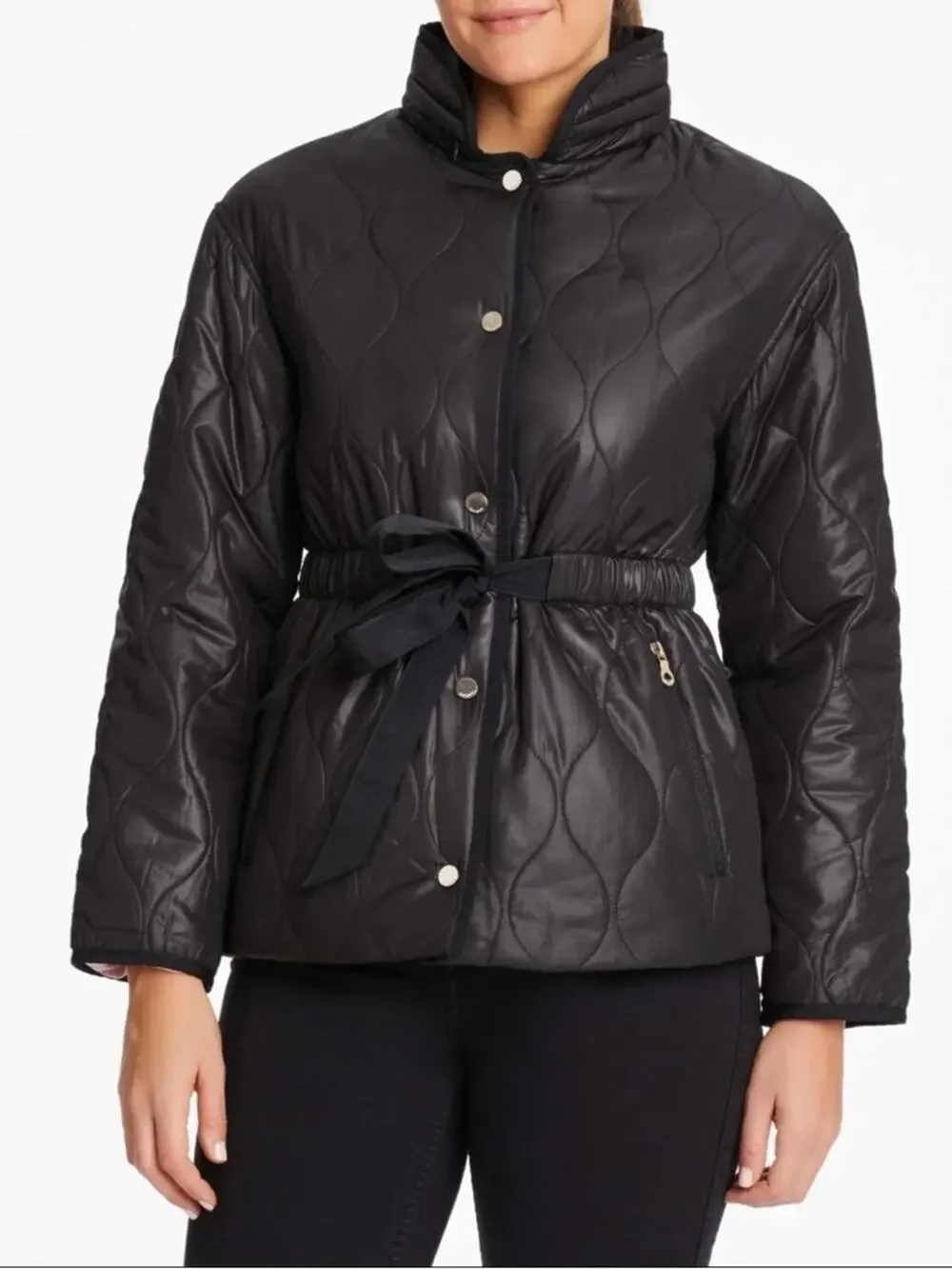 KATE SPADE Onion Quilt Jacket Black Cinched Waist Hood Women’s Size XS Classic